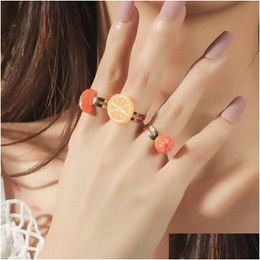 Band Rings 3 Pcs/Set Cute Fruit Orange Lemon Plastic Resin For Women Girls Gifts Gold Color Metal Adjustable Opening Ring Jewelry Dr Dhwb6