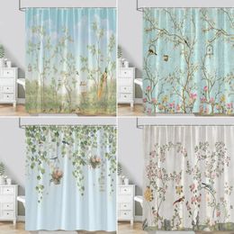 Shower Curtains Plants Flower Bird Curtain Spring Vintage Farm Butterfly Peacock Texture Creative Polyester Fabric Bathroom Decor