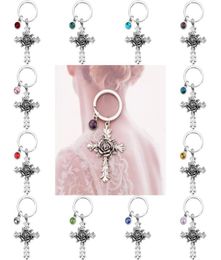 Creative Rose Cross Keychain with 12 Birthstones Jewellery Memorial Gifts Bag Pendant Key Chains Religious Christian Keyrings4802648
