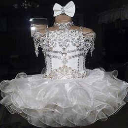 White Girl's Pageant Dresses Lace Beaded Halter Short Sleeves Bow Organza Ball gown Cupcake Toddler Little Flower Girls for weddin 312n