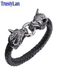 Cool Stainless Steel Double Wolf Head Men039s Bracelets Bangles Quality Black Genuine Leather Bracelet Men Pulseras Jewelry Gif9090292