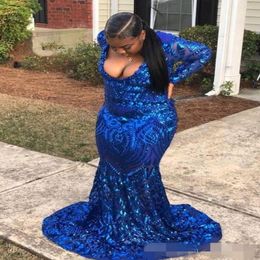 Plus Size Royal Blue Prom Dresses Sequins Long Sleeves Sexy Deep V Neck Mermaid Sweep Train Black Girls Formal Occasion Wear Evening Go 256N