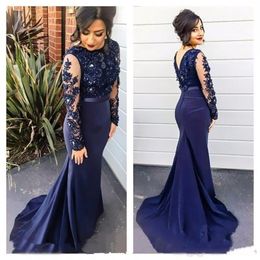 Elegant Navy Blue Mermaid Beaded Evening Dresses With Long Sleeves Jewel Neck Lace Appliqued Prom Gowns Satin Plus Size Formal Dress 266S