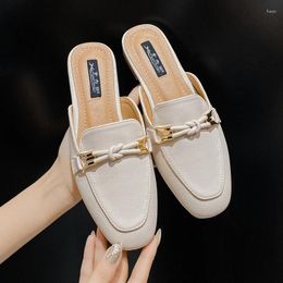 Slippers Summer Fashion Metal Buckle Woman Shoes Half-drag Muller Women Wear Flat And Leather Toe-covered Sandals