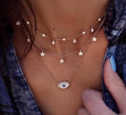 Vine Gold Color Crystal Water Drop Star Eye Pendant Necklace for Women Boho Charm Layered Necklaces Collars 63844995954