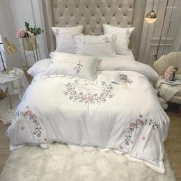 Bedding Sets 47 Home Floral Embroidery White Pink Set Satin Like Silk Cotton Duvet Cover Bed Sheet/Fitted Sheet Pillow Shams