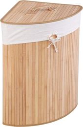 Laundry Bags Corner Bamboo Hamper With Lid And Removable Liner Washing Clothes Basket Storage Bin Handle (Natural)