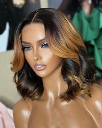 Elegnt short wavy bob human wigs highlight golden brown blonde Coloured 4x4 wear and go pre pluck hd lace wig curly 150%