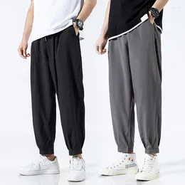 Men's Pants Summer Thin Casual Ice Silk Loose Quick Dry Ankle-Length Suit Trousers Air-conditioned Elastic Waist Lightweight