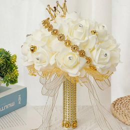 Decorative Flowers Artificial Roses Bridesmaid Bouquets With Crown And Diamonds For Wedding Decorations Bridal Bouquet