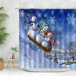 Shower Curtains Christmas Curtain Set Snow Scene Snowmen Skiing Pine Tree Snowflakes Bathroom Xmas Decor Fabric Cloth