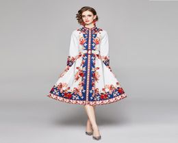 2021 Runway Floral Button Shirt Dress Long Sleeve Women Designer Printed Slim Office Ladies Elegant ALine Dresses Autumn Winter F9167939