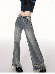 Women's Jeans Summer Multiple Hole Designs Wide Leg Street Cool Girl Bottoms Thin Straight Pant Female Denim Blue Baggy Trousers