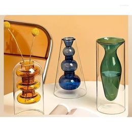 Vases Transparent Double-layer Colored Glass Vase Living Room Flower Arrangement Water Storage Aquaculture Design Nordic Ware