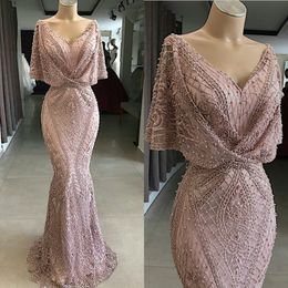 2020 Pink Mermaid Evening Dresses V Neck Lace Beads Pearls Sweep Train Prom Dress Cocktail Party Wear Real Picture Formal Gowns 269g