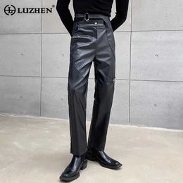 Men's Pants LUZHEN 2024 Fashion High Quality Street Personalised Metal Buckle Decorative Leather Pants Mens Straight Casual Pu Trousers 68b614L2405