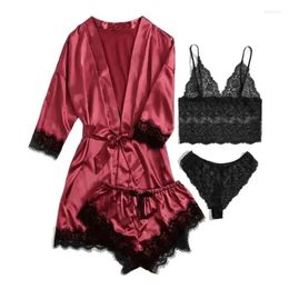 Home Clothing Women's Summer Korean Fashion And Comfortable Nightwear Lace Satin With Silk Sleepwear Robe Sexy Pyjama Pants Clothes