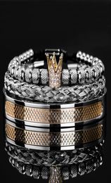 Luxury Set Handmade Men Crown Bracelets Contrast Colour Bangles Hemp Rope Buckle Open Stainless Steel Micro Pave CZ Jewelry7915512