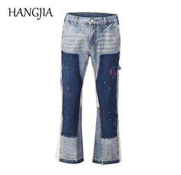 Men039s Jeans Distressed Splash Ink Flare Urban Streetwear Patch Mens Wide Leg Hip Hop Heavy Wash Blue Slim Fit Denim Pants Men2135278