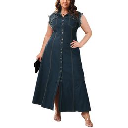 Women Plus Size Dresses Casual Denim Dress Sleeveless Lapel Button Down Cardigan Flowy Shirt Jean Dresses