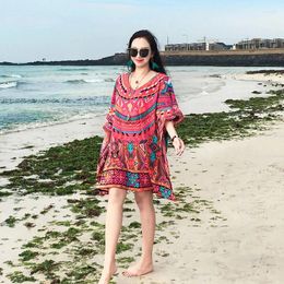 Women Swimsuit Beach Cover Up Kaftan Tunic Dress Robe De Plage Femme Cotton Pareo Beachwear Bathrobe Cover-Ups AA5737