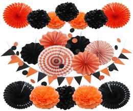 Party Decoration Halloween set 20pcsset Black and Gold Hanging Paper Fans Paper pompom Triangle Bunting Flags for Happy Birthday 4927305