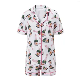 Home Clothing Women's Sleep 2 Piece Pyjama Set Y2k Women Wine Bottle Print Lapel Collar Single Breasted Short Sleeve Shirt And Shorts