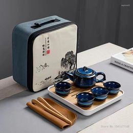 Teaware Sets Ceramic Blue Glaze Teapot One Pot Four Cups Tea Canister Outdoor Tote Bag Travel Cup Portable Teaset Chinese Style