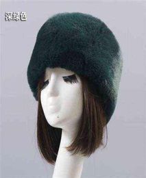 Dark Green Flat Roof y Snow New Year Winter Plush Thick Fur Hat Faux Fox Furry Cap Head Warmer Outdoor Hats Women Girl Men Y211114596384