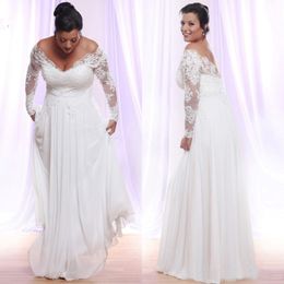 Langarmes Plus-Größe Brautkleider mit tiefem V-Ausschnitt Applique Beach Country Hochzeitskleider vor der Schulterbrautkleider Vestido de N 257t