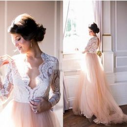 Champagne And White Wedding Dresses A-line 2019 Lace Illusion Long Sleeve Square Open Back Empire Waist Wedding Dress Bridal Gowns Plus 277t