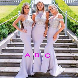 Mixed Styles Mermaid Bridesmaid Dresses Lavender Beads Appliques Lace Maid of Honour Dress Off The Shoulder Halter Straps Wedding Guest 285B
