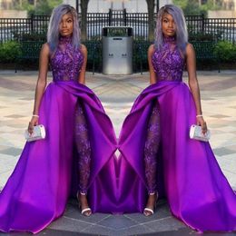 Purple Lace Stain Evening Jumpsuit With Train 2023 High Neck African Plus Size Classic Occasion Prom Pant Suit Dress Wear 200E