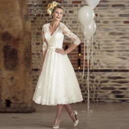 Vintage Deep V Neck Tea Length Shorts Applique Lace Beach Wedding Dress Sash Three Quarter Sleeve Sheer A Line Bridal Gowns Custom Made 233z