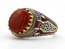 Turkey Jewellery Men Ring with Red Natural Agate Stone 925 Sterling Silver Vintage King Crown CZ Enamel Rings for Women Male Gift 216088132