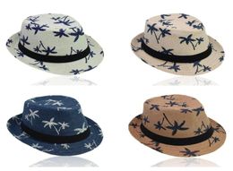 Adult Kids Summer Straw Weave Sun Hat ParentChild Tropical Coconut Tree Printed Short Curly Brim Retro Jazz Bucket Cap Wide1344082