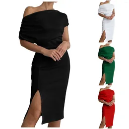 Casual Dresses Women Elegant Off Shoulder Split Hem Bodycon Ruched Midi Club Party Dress Homecoming With Sleeves