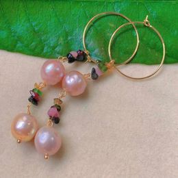Dangle Earrings 11mm Natural Baroque Pink Pearl Tourmaline Gold Gemstone Clip-on Men Crystal Wedding Party Bohemian Chandelier