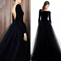 Elegant Long Sleeves Velvet Evening Dresse Sexy Backless Black Prom Party Dress Bateau Neck Tulle Skirt Long Formal Dresses Wear 250n