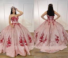 Glitter Sequins Tulle Rose Pink Prom Quinceanera Dresses Red Floral Applique Beading Strapless Corset Back Princess Sweet 16 Dress7203730