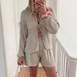 Women's Tracksuits Elegant Tie-up Hollow Out Suits Casual Long Sleeves Solid Loose Two Piece Sets Fashion Round Neck Blouses & Short Pants