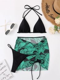 Women's Swimwear Sexy Halter With Printed Skirt Bikini Female Swimsuit Women Three-pieces Set Bather Bathing Suit Swim Lady K3891