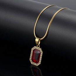 Red Lab Ruby Rectangle GEM Pendant Bling Simulated Diamonds Ruby Jewelry 18K Yellow Gold Plated Necklace Bone chain7189109