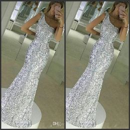 2021 New Sparkle Bling Silver Prom Dresses Sequins Long Mermaid Sleeveless One Shoulder Floor Length Formal Evening Dress Party Gowns A 219r