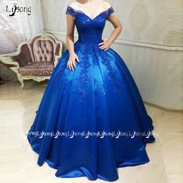 Royal Blue Evening Ball Gowns Appliques Vintage Prom Party Dress Puffy Princess Quinceanera Graduation Lady Party Wear Maxi Gown Vestid 245a