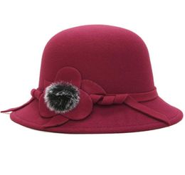 Stingy Brim Hats HT1830 Autumn Winter For Women Ladies Wool Felt Casual Flower Fur Ball Formal Fedoras Female Bucket Bowler Hat1042620