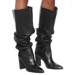 Boots Fashion Winter Knee Women Black Leather Thick High Heel Thigh Pleated Long Shoes Ladies Fall Party Street Botas