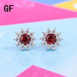 Stud Earrings Natural Garnet Sunflower Round Shape Real 925 Sterling Silver Red Stone Fine Charm Jewellery For Women