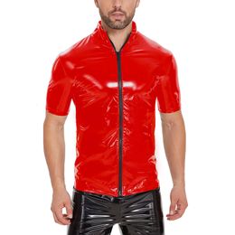 Plus Size Mens Wetlook Shirt Short-sleeve Full Zipper Sexy Stand Collar Metallic Casual Jacket Male Shiny Leather Tops Catsuit Costumes