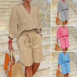Women's Two Piece Pants Summer Women Set Cotton And Linen Tracksuit Casual Outfit Suits Solid Shirt Tops Shorts 2 Sets